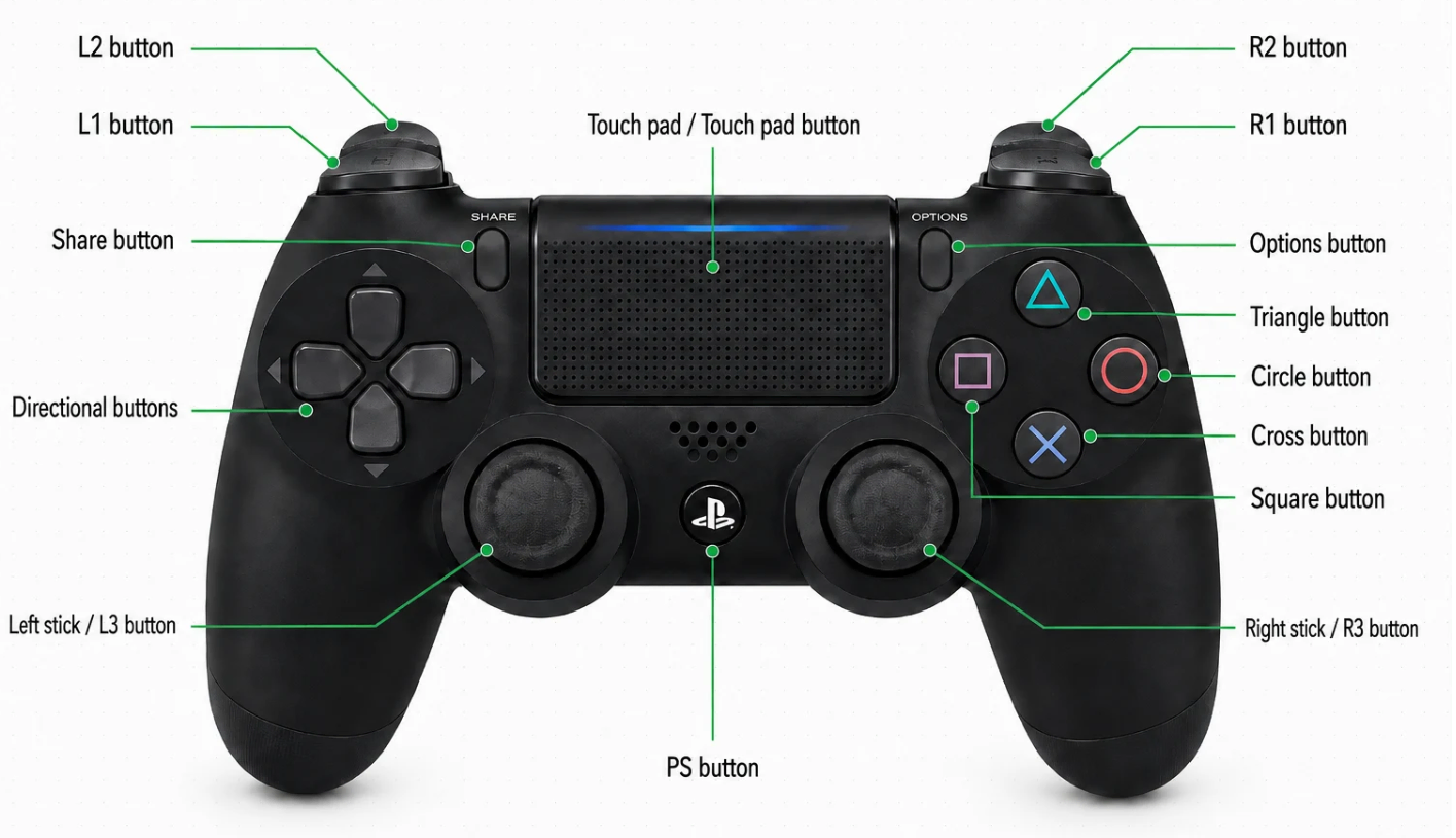 PS4 DualShock 4 controller button names and layout diagram